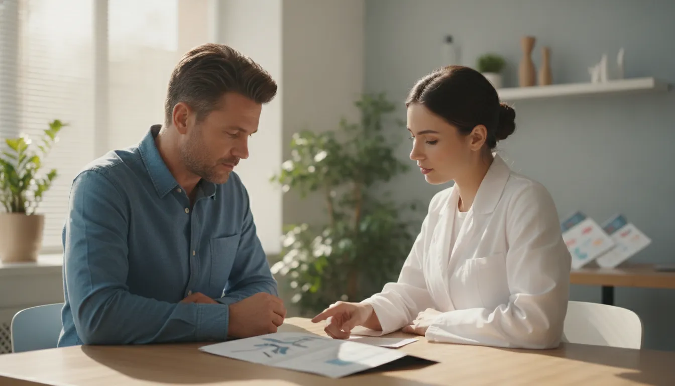 A clinician reviewing a printed lab report with a man in his mid-40s in a bright wellness clinic in Tampa