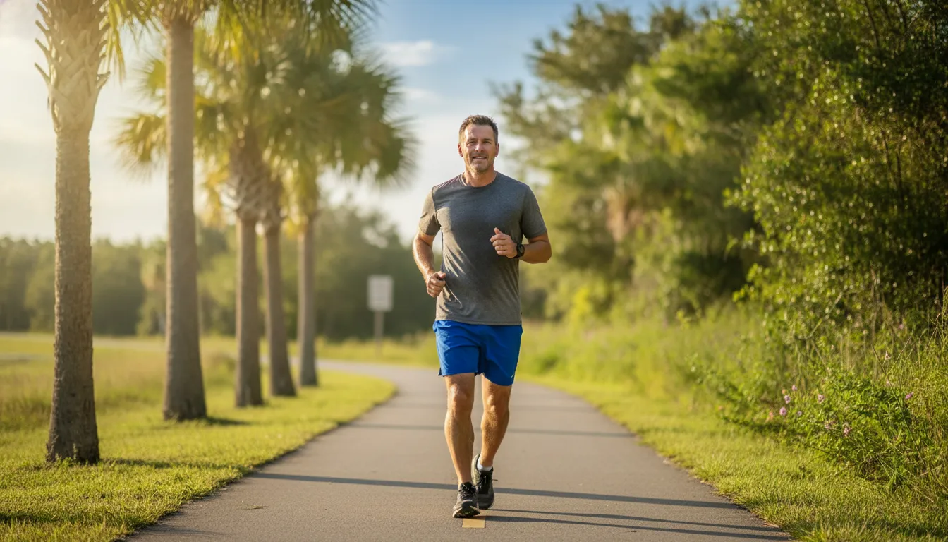 A man in his mid-40s jogging outdoors near Tampa, reflecting renewed energy and vitality