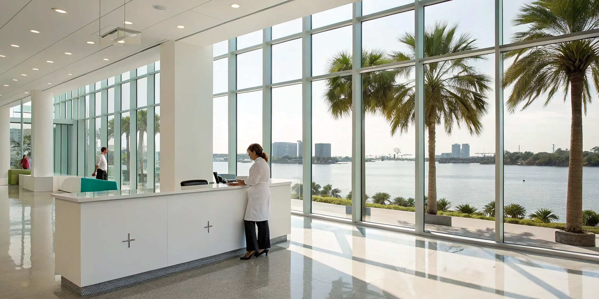 Modern Tampa clinic lobby with staff available for same-week sciatica appointments.
