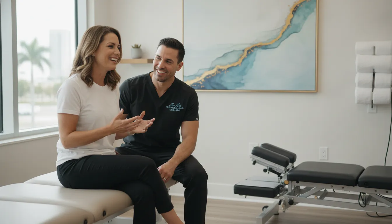 Ascend Functional Health clinician consulting with a Tampa patient in a bright treatment room