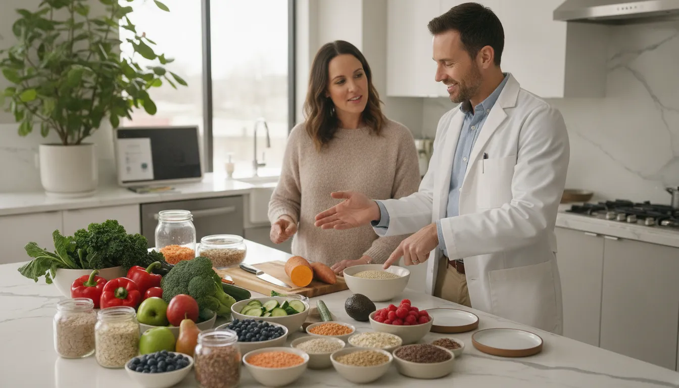 Patient reviewing whole-food meal options with a nutritionist during a medical nutrition protocol visit