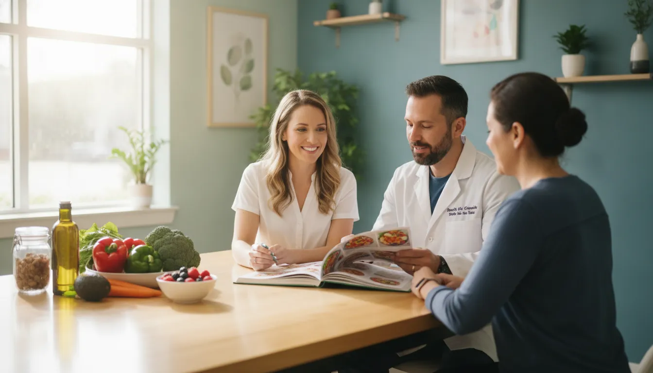 Health coach and chiropractor reviewing a personalized nutrition plan with a patient in a Tampa clinic