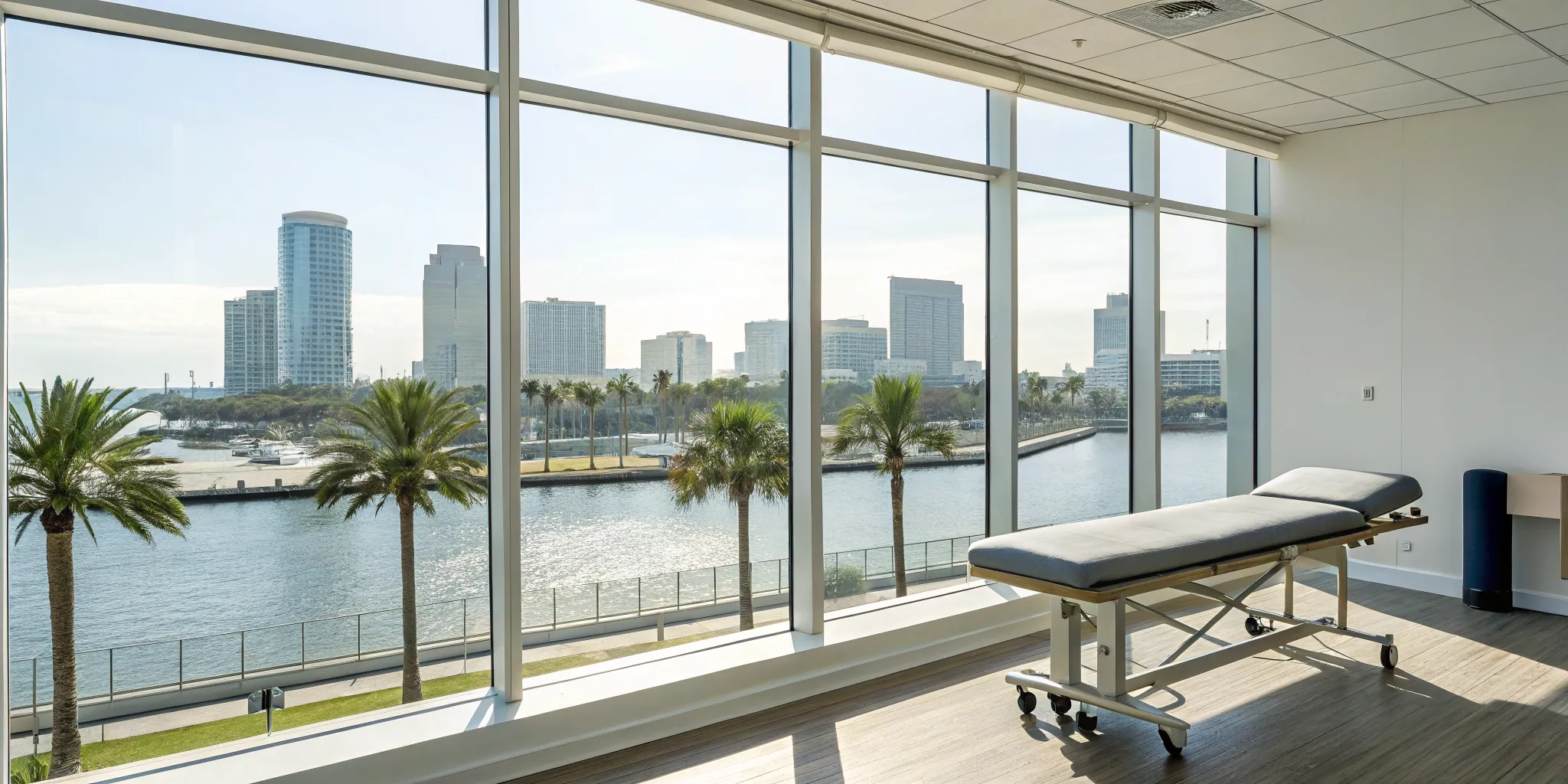 Chiropractor for whiplash treatment in an exam room near downtown Tampa.