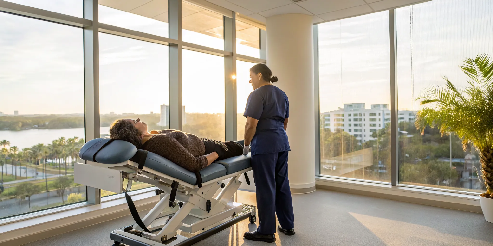 A patient undergoes lumbar decompression therapy for lower back pain at a Tampa clinic.