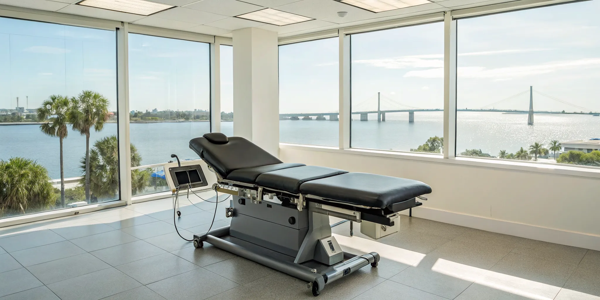 Spinal decompression therapy table in a modern Tampa clinic, a factor in the overall treatment cost.