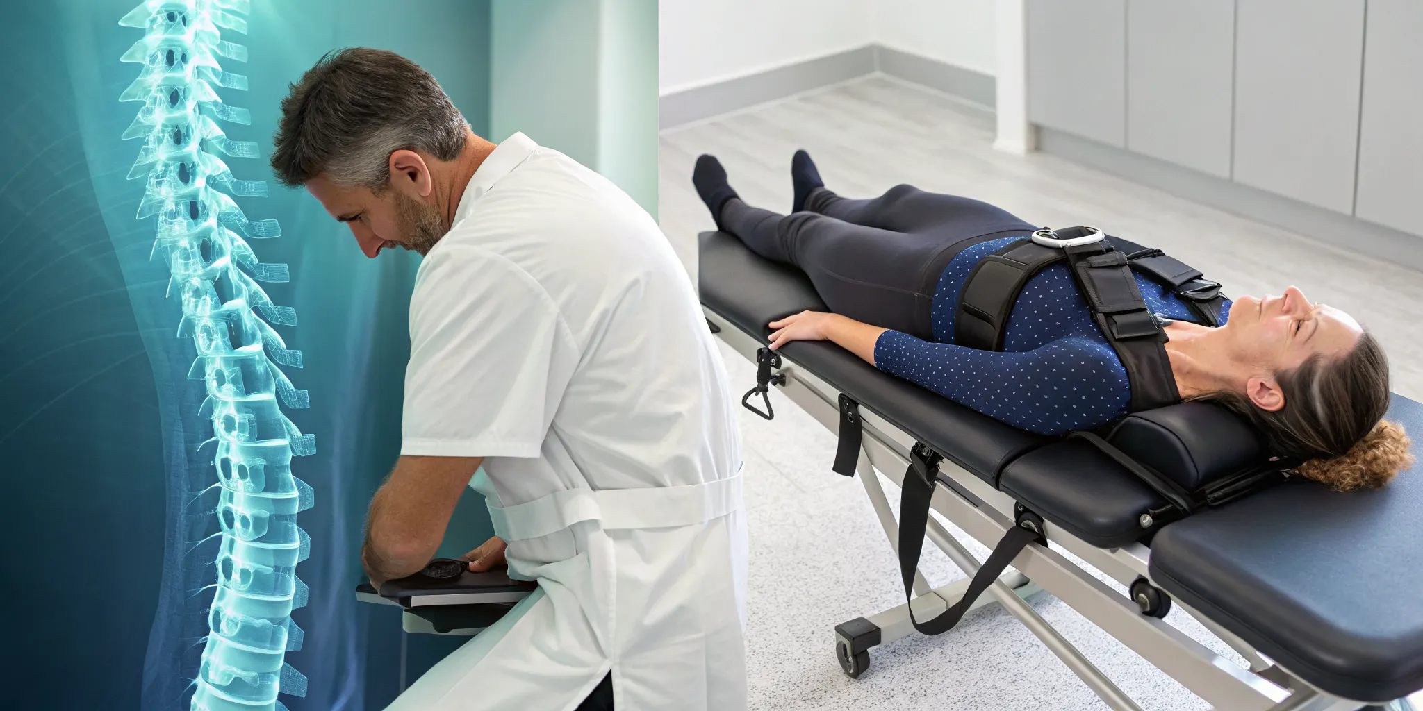 Patient on a decompression table receiving spinal decompression for a bulging disc in Tampa.
