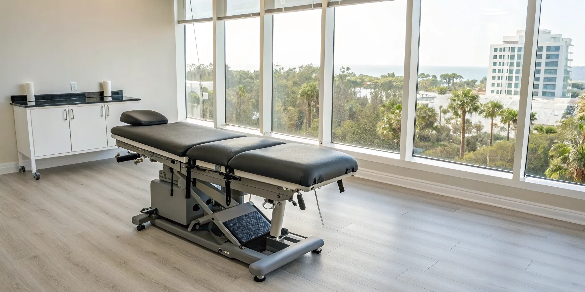 A non-surgical spinal decompression therapy table in a modern Tampa treatment room.