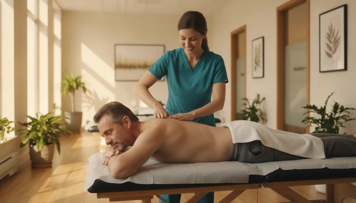 Chiropractor guiding a relaxed patient through a gentle spinal adjustment in a bright wellness clinic in Tampa