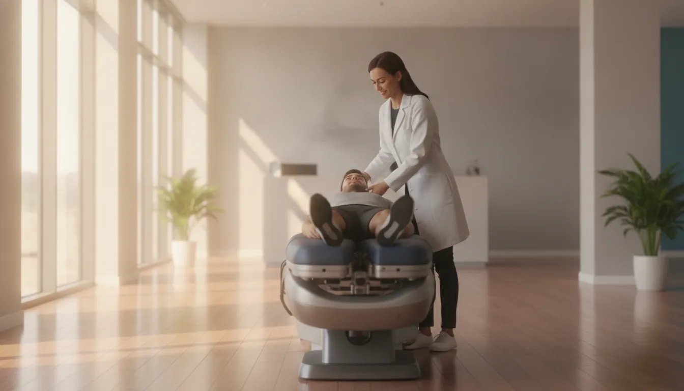 A chiropractic provider caring for a patient on a decompression therapy table in a modern clinic