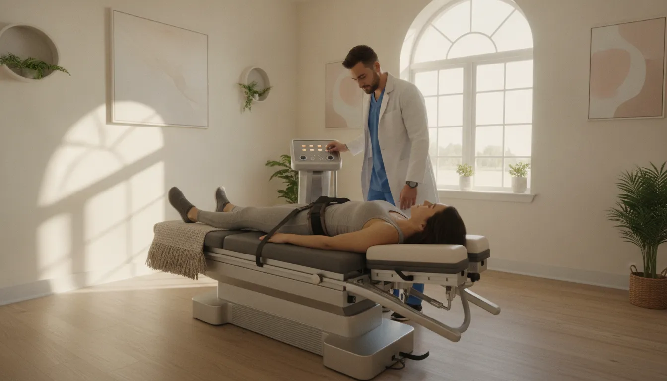 Patient receiving spinal decompression therapy on a modern chiropractic table at Ascend Functional Health in Tampa
