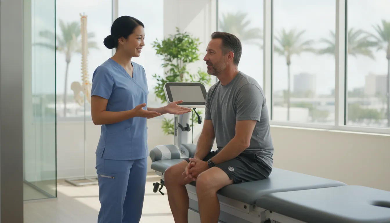 Chiropractor discussing spinal decompression chiropractic care options with a patient in Tampa