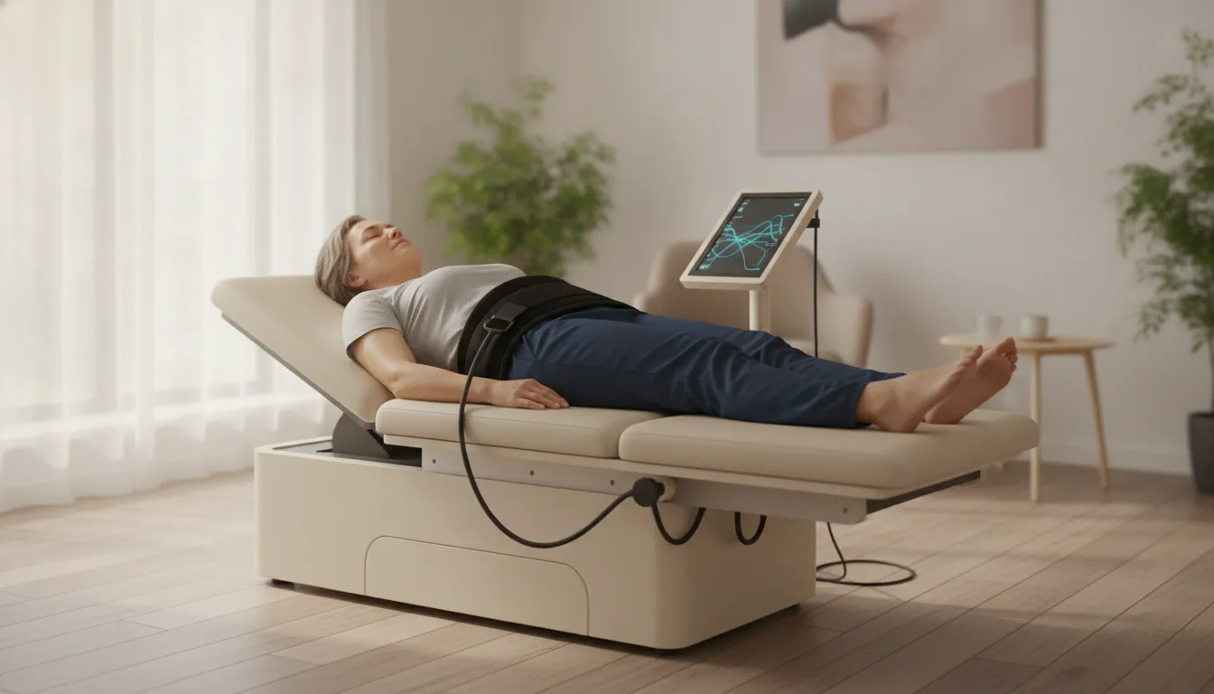 Patient receiving spinal decompression chiropractic care on a modern traction table in Tampa