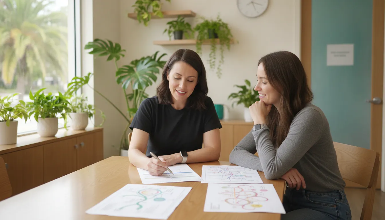 Functional medicine physician reviewing a patient's health panel in a bright Tampa clinic