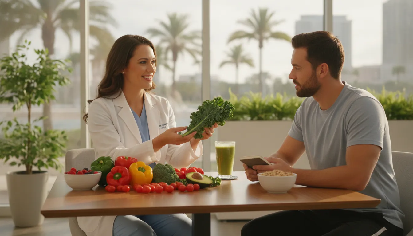 Nutritionist reviewing a whole-food meal plan with a patient in a bright Tampa clinic during a medical detoxification protocol