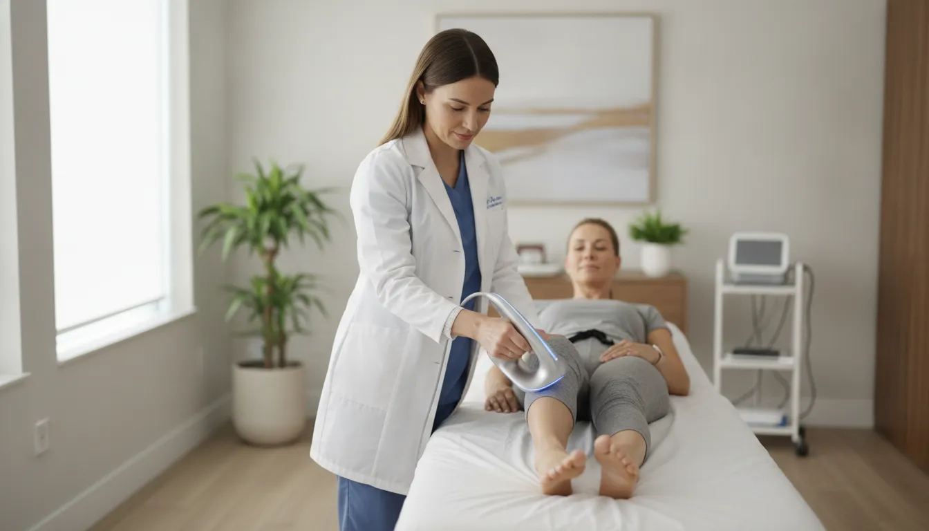 A clinician guiding a non-invasive SoftWave regenerative therapy device during a treatment session in a modern integrative health clinic