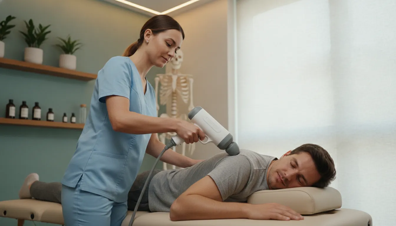 Clinician using a focused shockwave therapy device on a patient's shoulder in a functional medicine treatment room