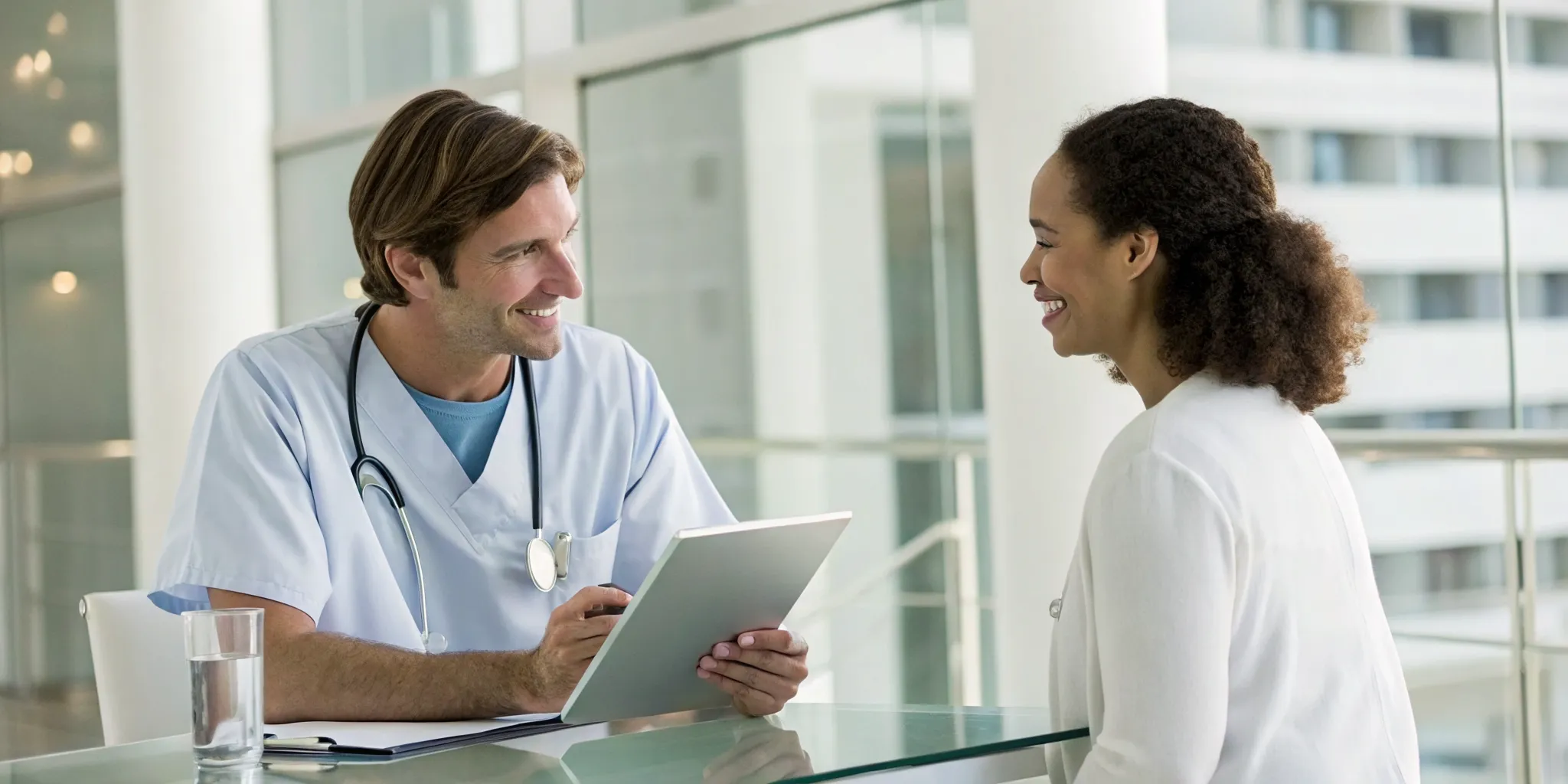 A patient and doctor discussing the SoftWave therapy cost in Tampa, FL.