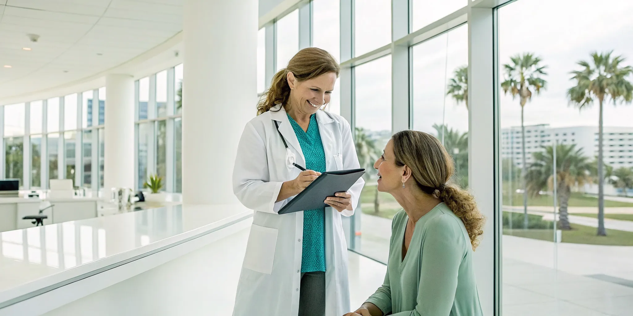 Doctor discussing blood testing for women's hormone symptoms with a patient in Tampa.