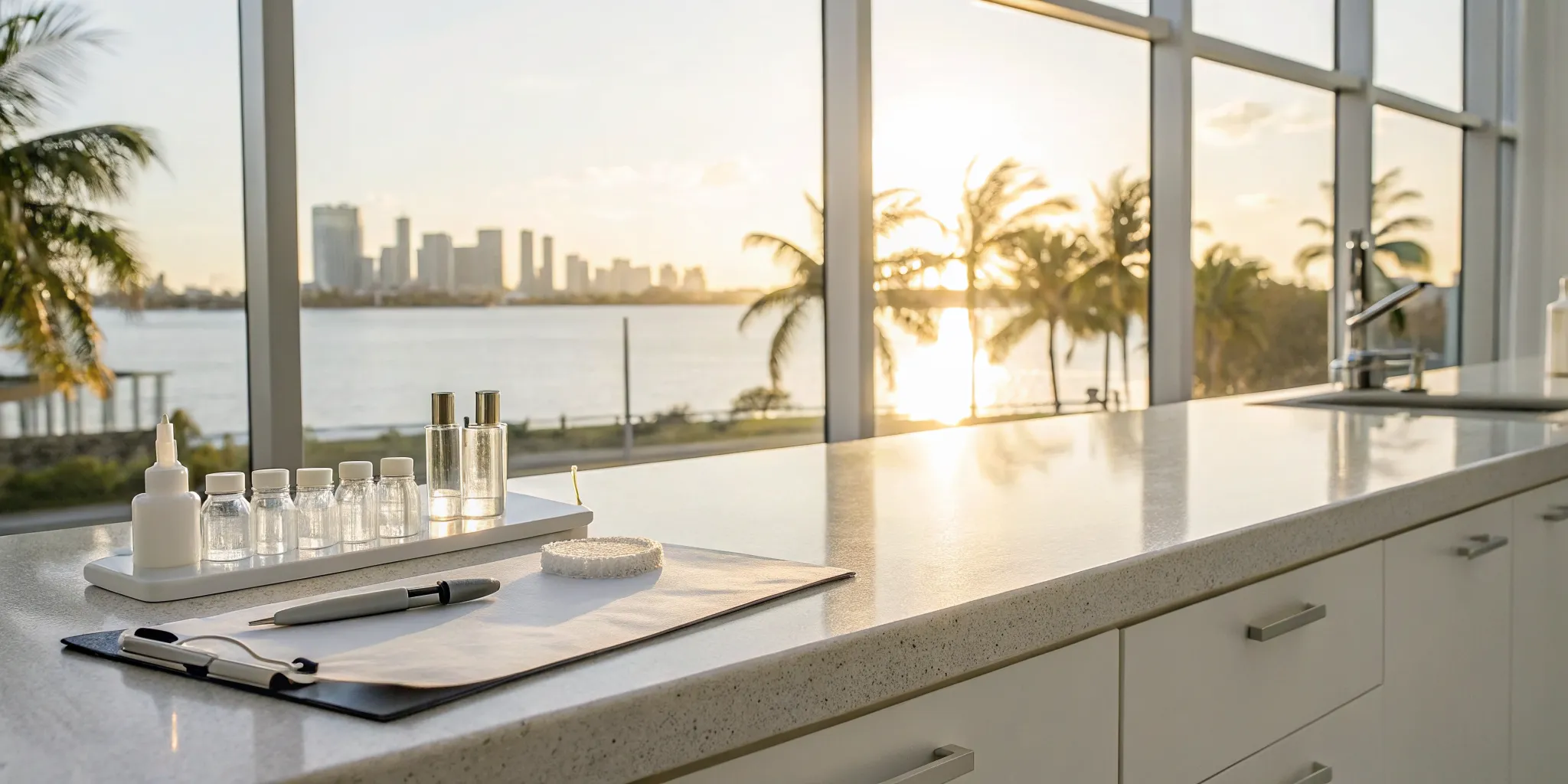 A modern gut microbiome testing kit overlooking the Tampa, FL waterfront.