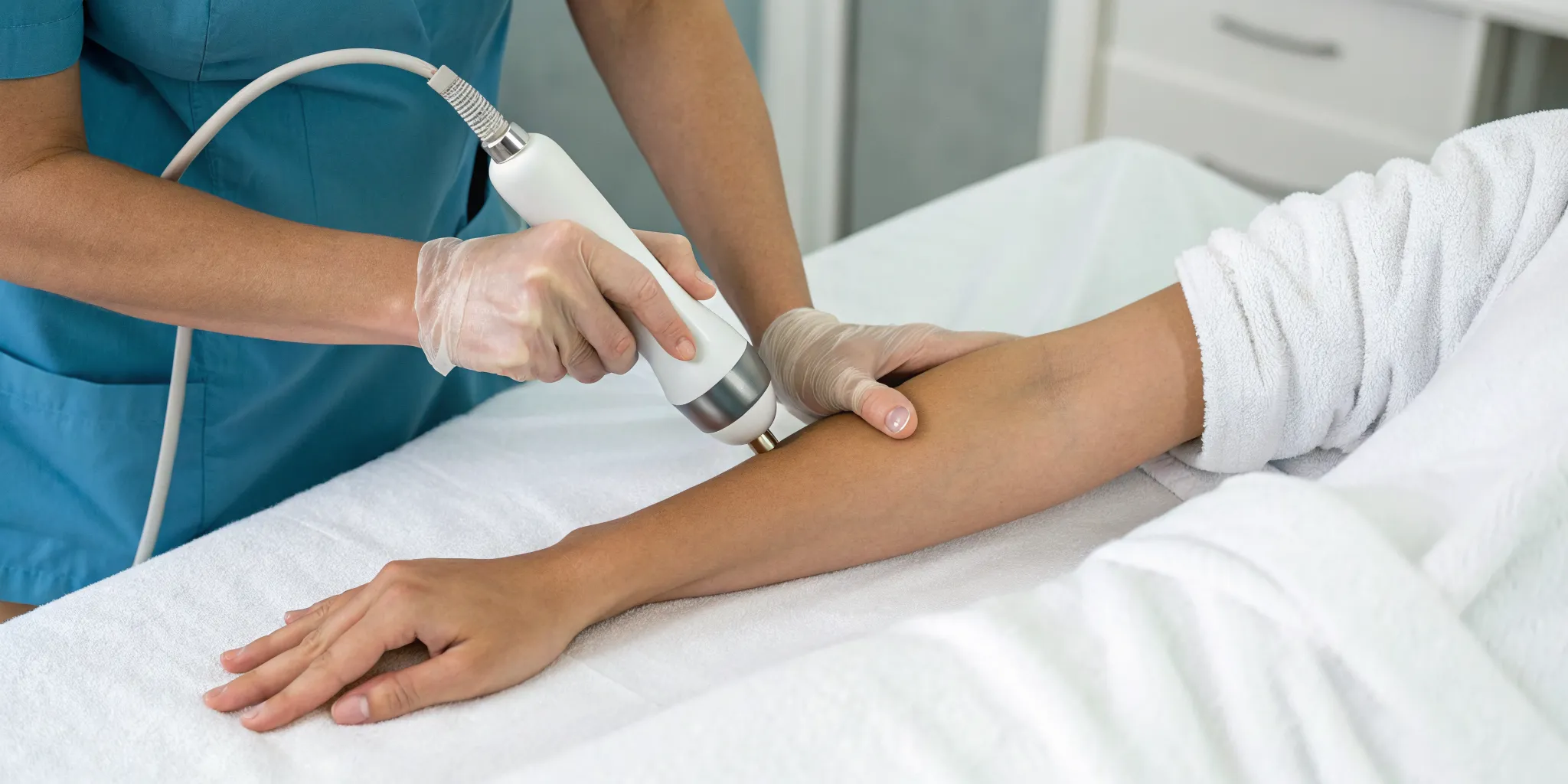 SoftWave treatment for tennis elbow on a forearm in Tampa.