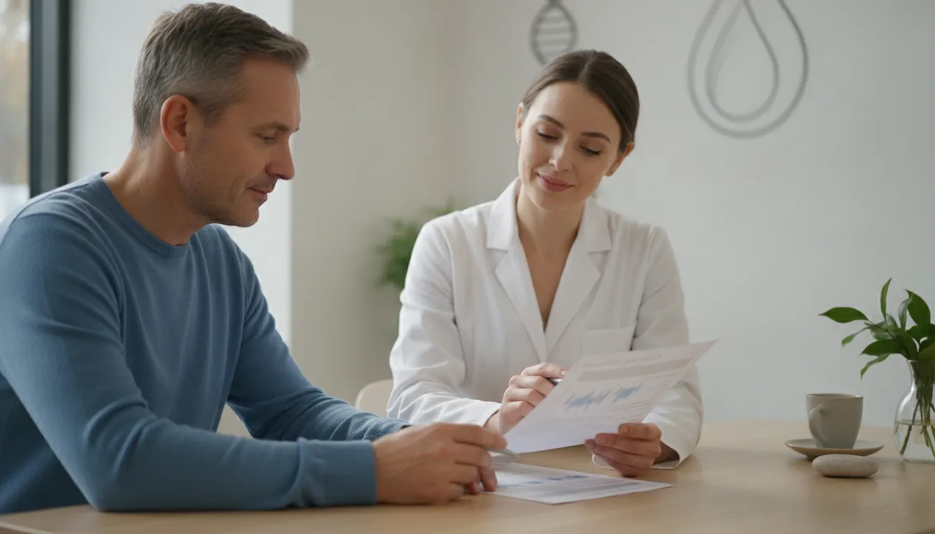 Physician discussing lab results with a patient in a modern integrative medicine clinic