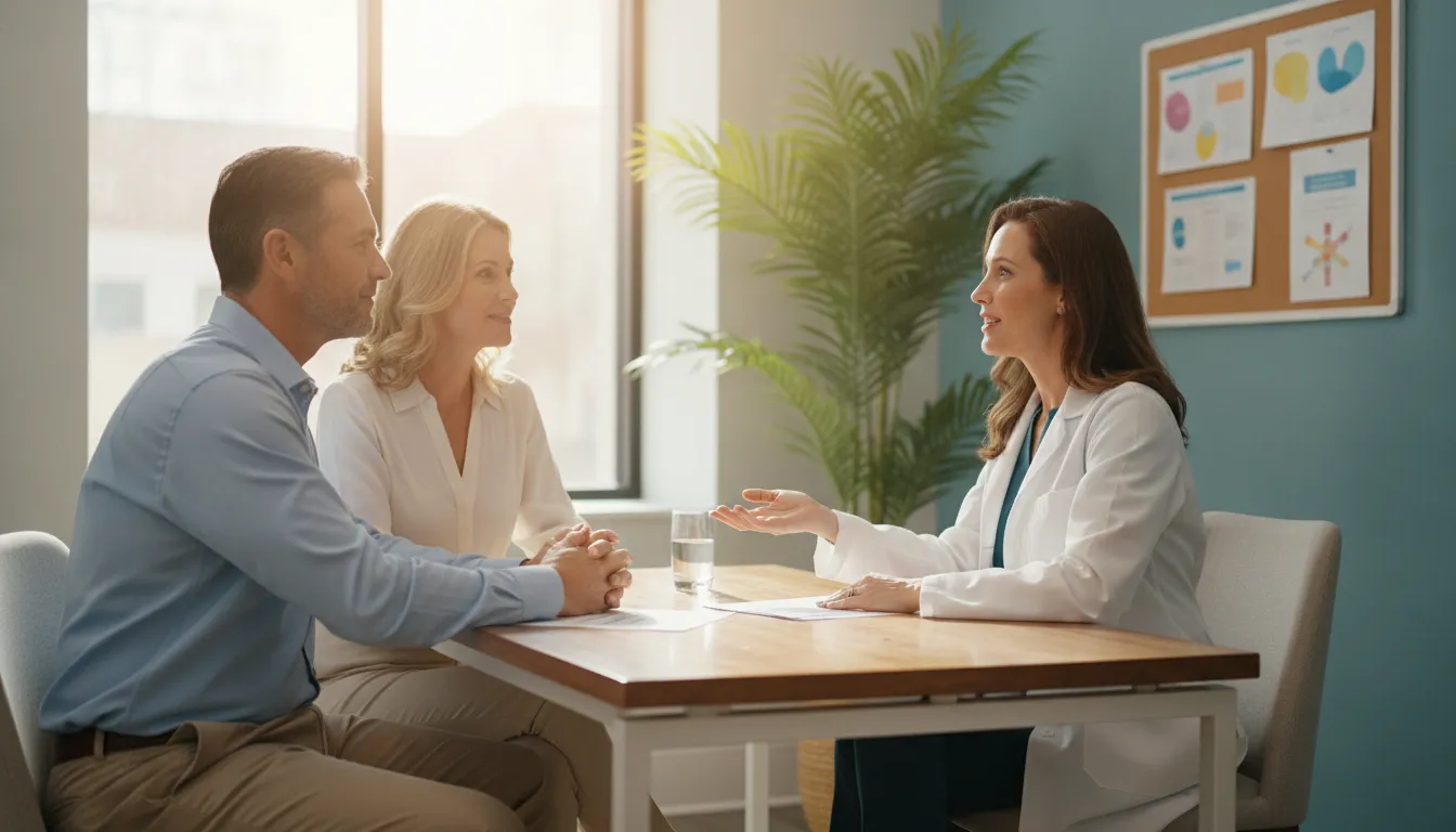 Physician discussing a personalized hormone health plan with a man and woman at a consultation desk in a bright clinic