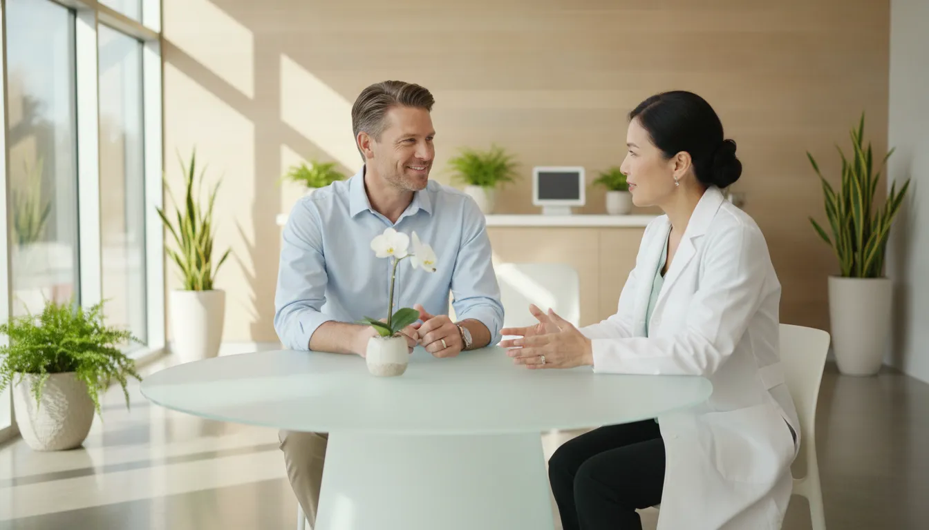 Male patient in his 40s having a calm consultation with a physician in a bright modern wellness clinic
