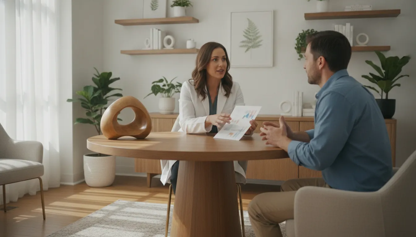 Clinician in a Tampa functional medicine practice reviewing a patient's health history and lab results during a consultation