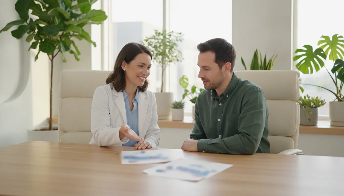 Functional medicine clinician reviewing advanced lab test results with a patient in a bright Tampa wellness clinic