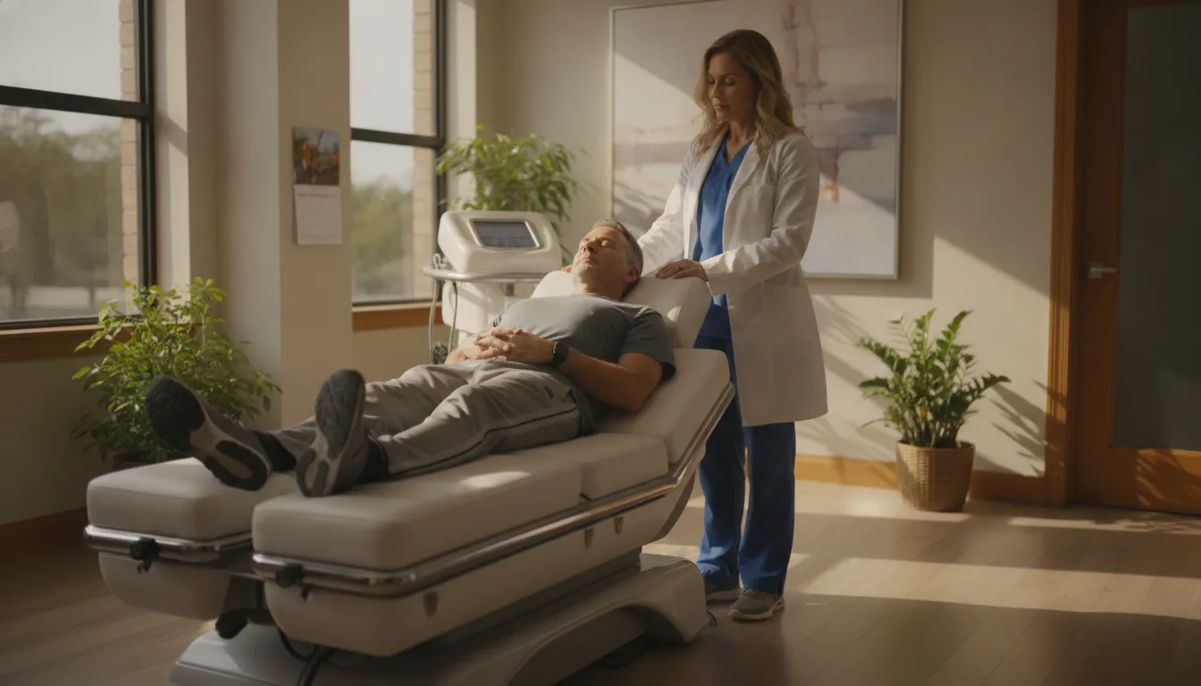 Patient reclined on a spinal decompression therapy table in a bright Ascend Functional Health clinic room