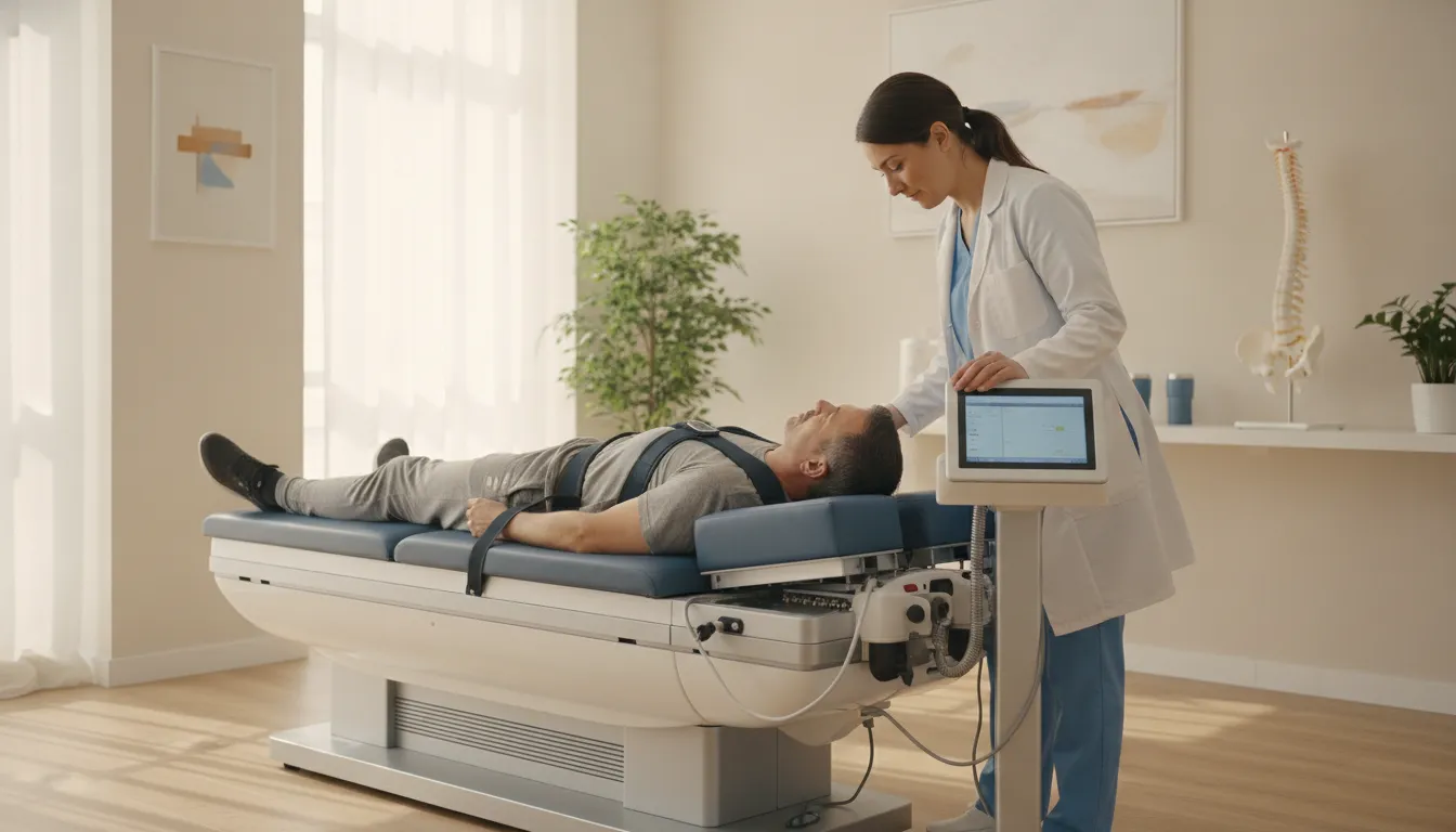 A clinician guiding a patient through spinal decompression therapy on a motorized table in a bright Ascend Functional Health clinic