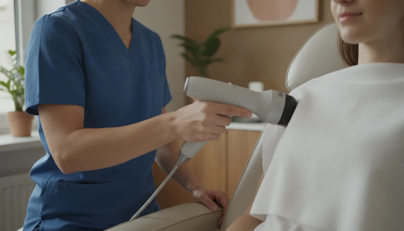Clinician positioning the Softwave applicator during a softwave therapy review treatment session