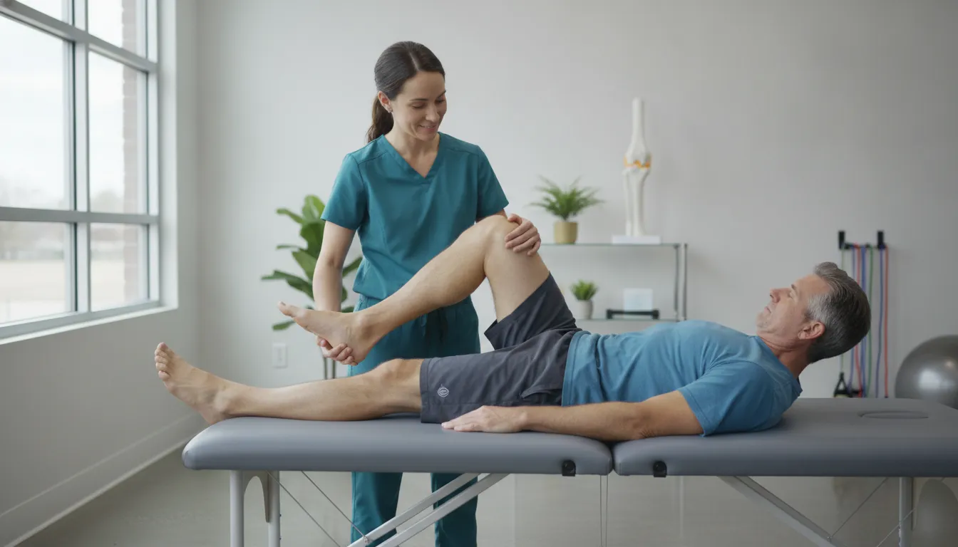 Softwave therapy review patient consultation focused on joint mobility in a bright clinical setting