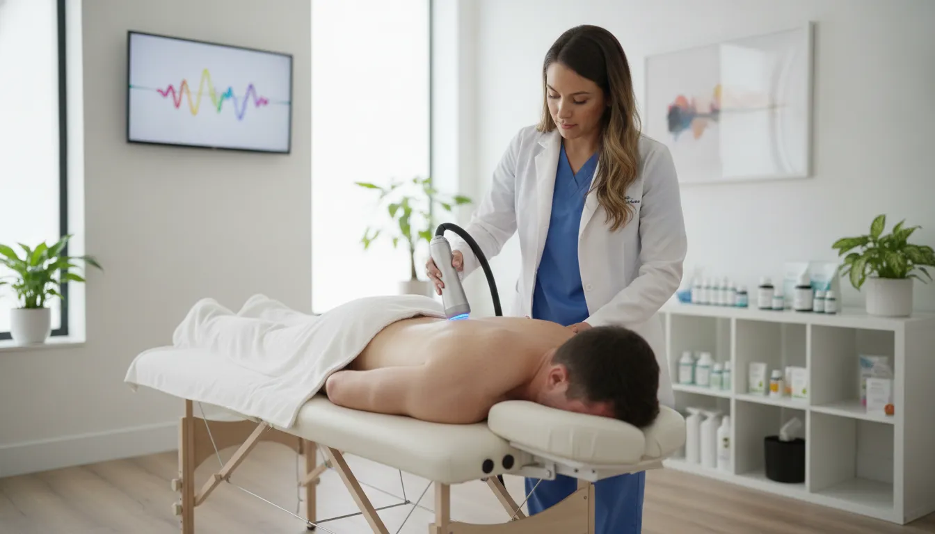 Clinician guiding a SoftWave shockwave therapy session during a patient's treatment plan