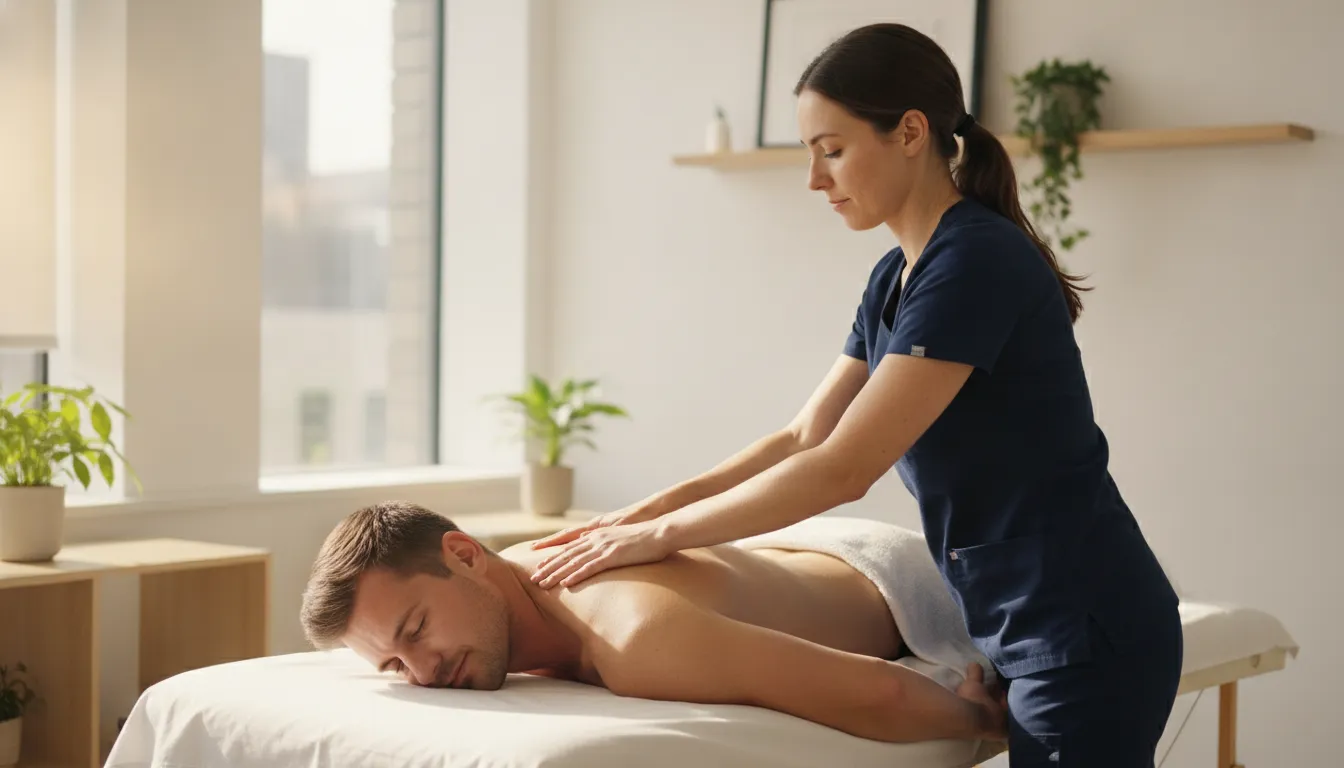 Physical therapist performing myofascial release soft-tissue work on a patient's upper back at Ascend Functional Health
