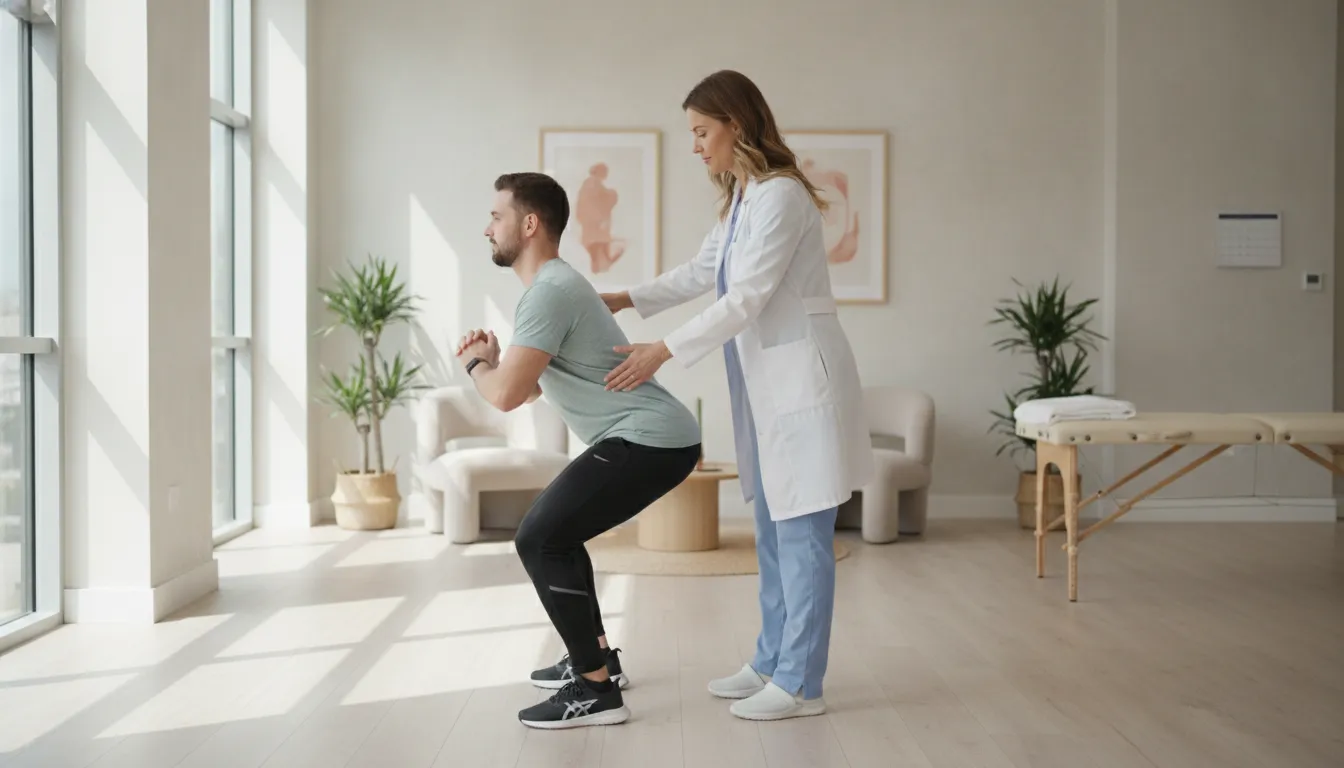 Chiropractor observing an adult patient's movement assessment
