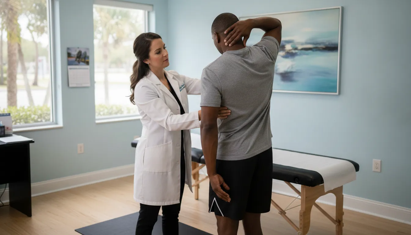 Chiropractor reviewing a patient's movement and health goals in Tampa