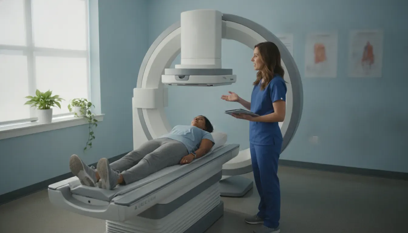 Patient preparing for a DEXA scan in a bright clinical imaging room