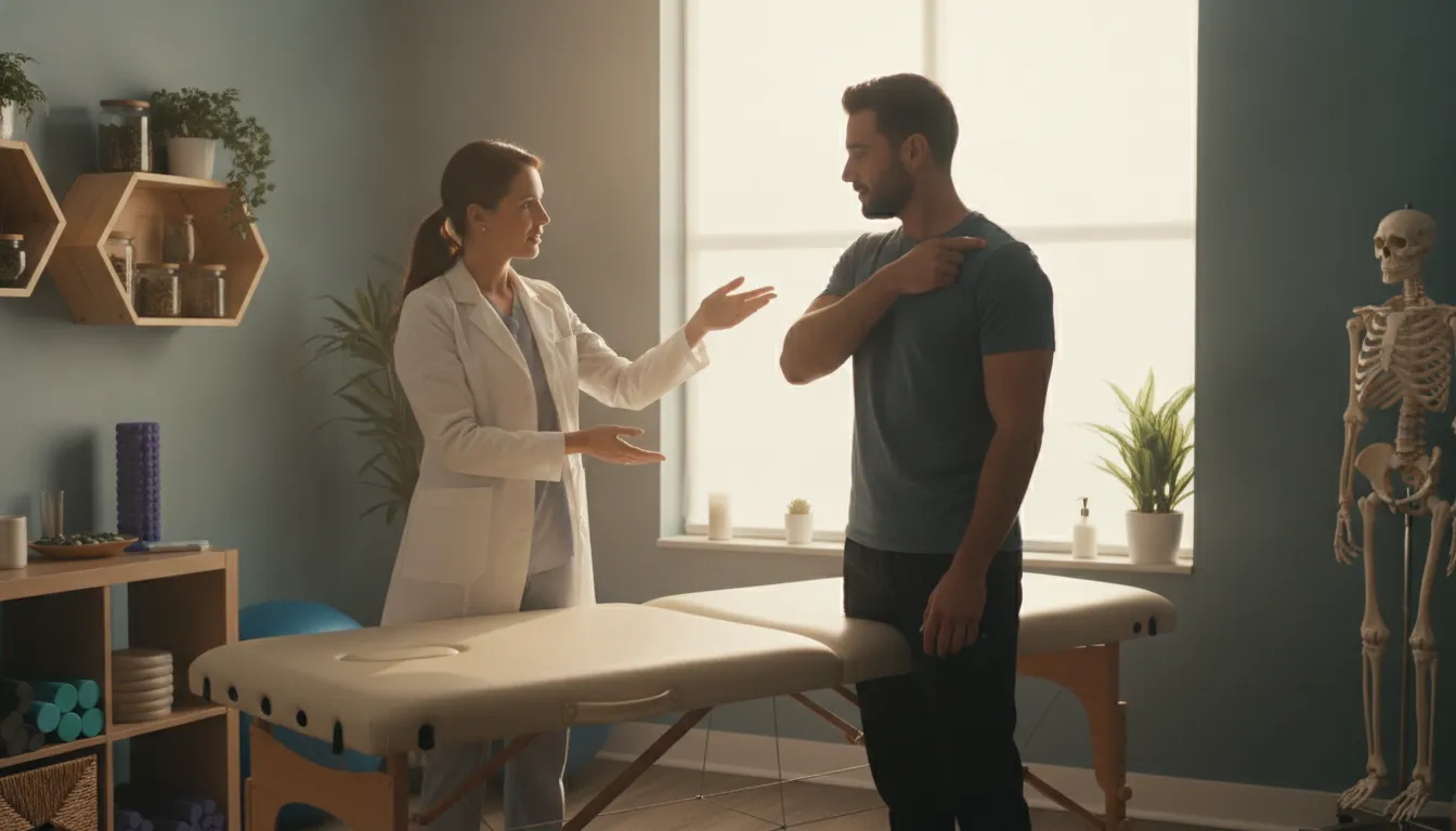Clinician discussing a patient's movement goals in a bright Tampa wellness clinic