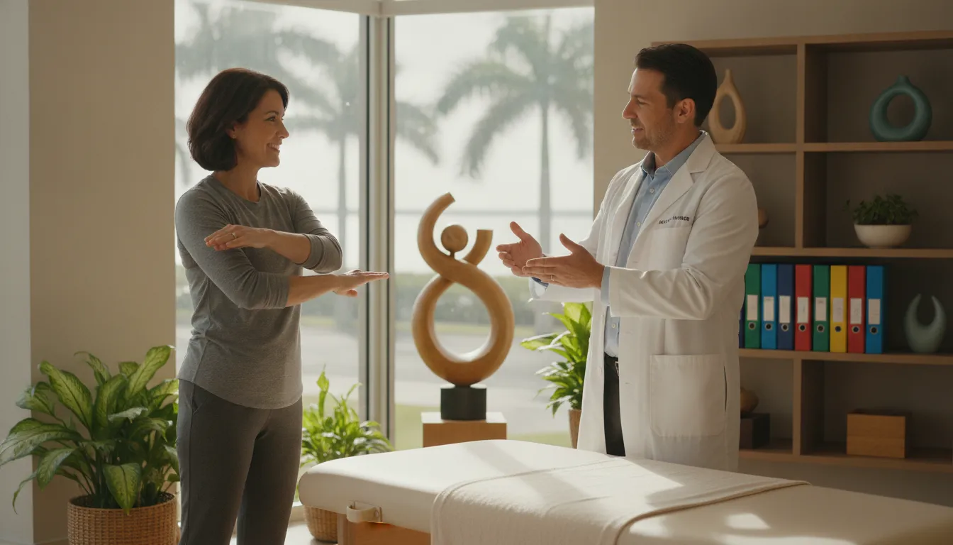 Clinician discussing movement and wellness goals with an adult patient