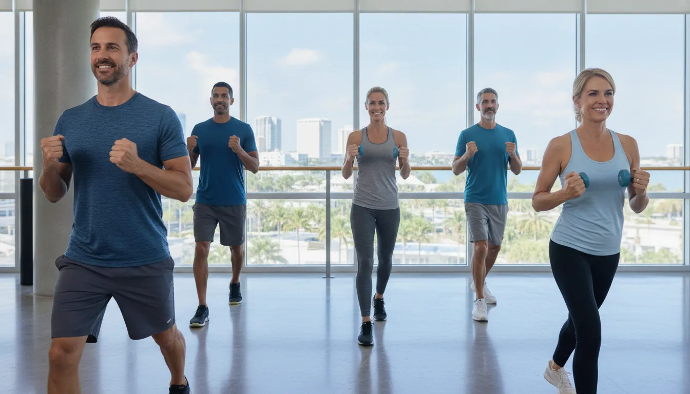 Adults over 40 exercising for strength and mobility in a bright Tampa, FL gym.
