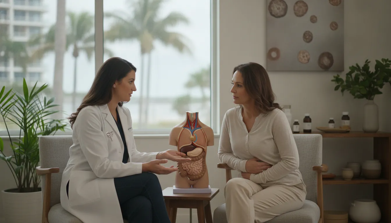 Clinician discussing digestive health evaluation with an adult patient