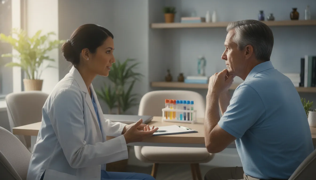Clinician discussing normal TSH levels and persistent symptoms with an adult patient