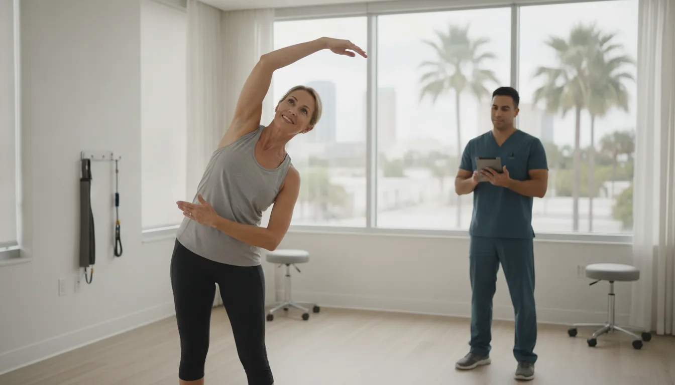 Tampa Bay adult discussing movement and mobility with a Physical Medicine clinician