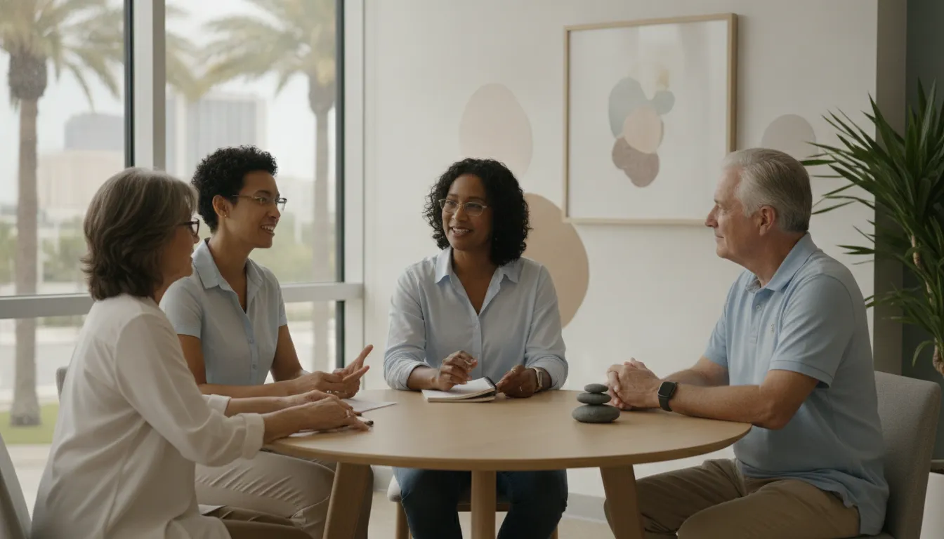 Clinician and adult patient discussing personalized integrative care in a bright Tampa Bay clinic