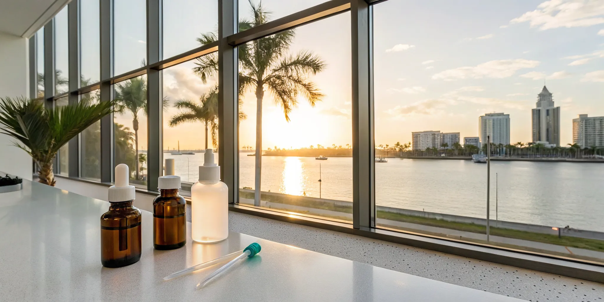Peptide therapy and hormone optimization in Tampa with bottles overlooking the city skyline.