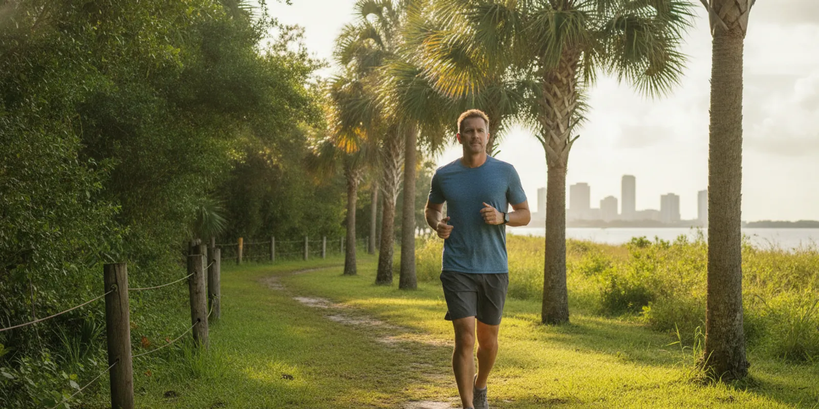 Man in his 40s jogging on a Tampa Bay trail at a comfortable pace