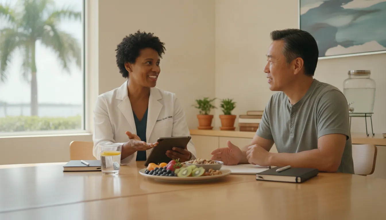 Clinician and patient discussing a personalized metabolic longevity strategy in Tampa Bay
