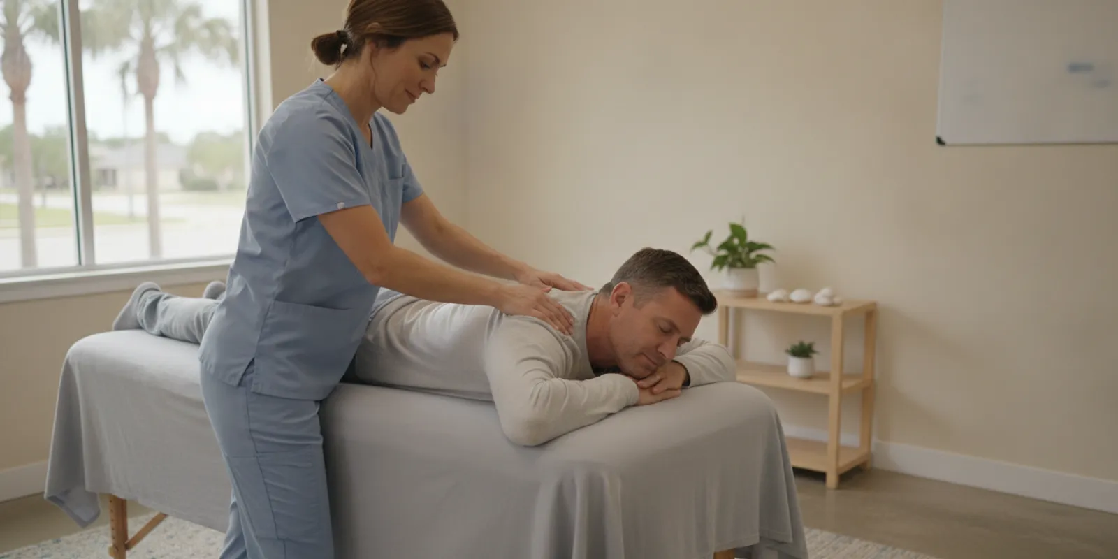 Clinician using hands-on soft-tissue techniques with a patient in a treatment room
