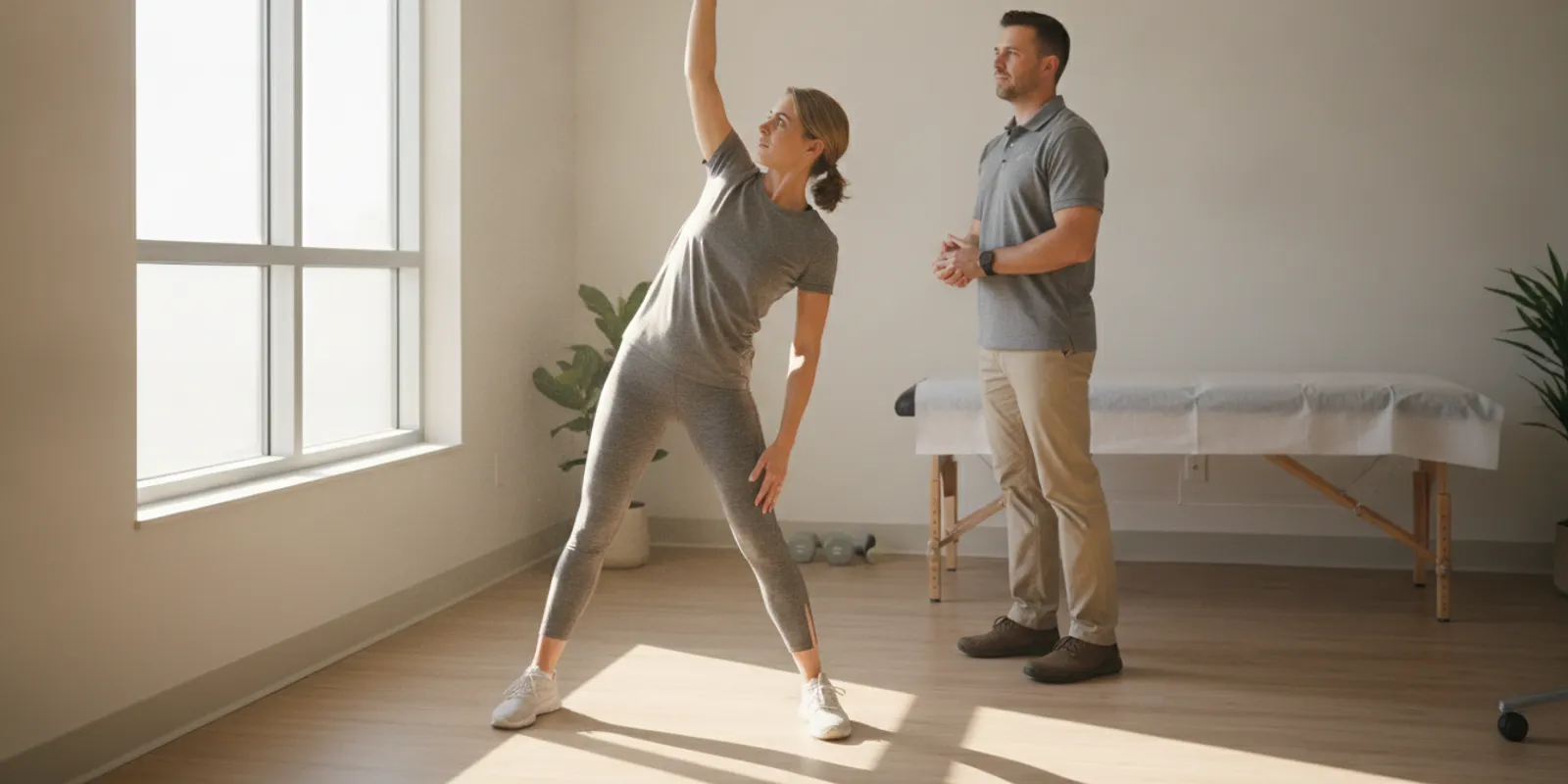 Clinician observing an adult's movement during a physical assessment